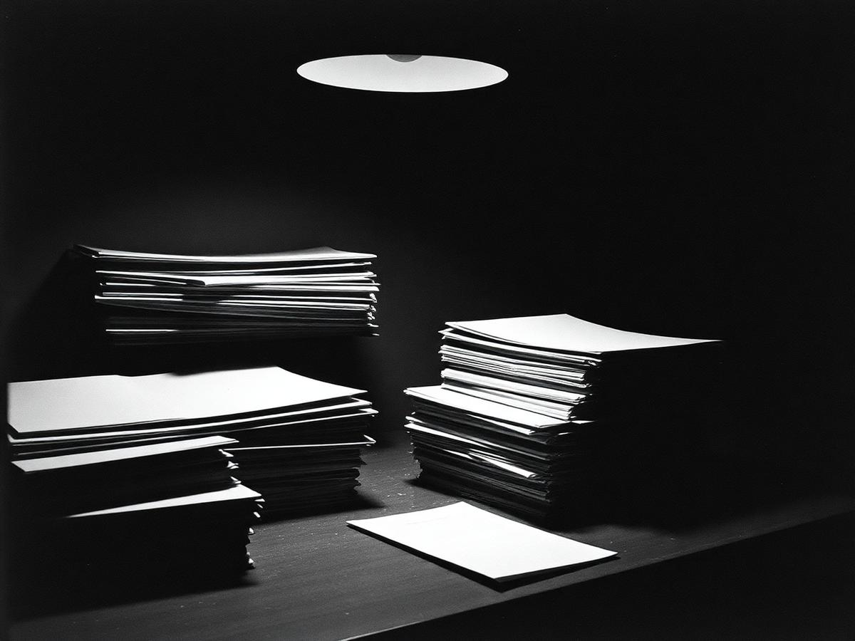 Archival black-and-white photograph of stacked paper case files under a single lamp